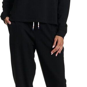 Black 3x fleece-backed jersey women's lounge set with embroidered logo